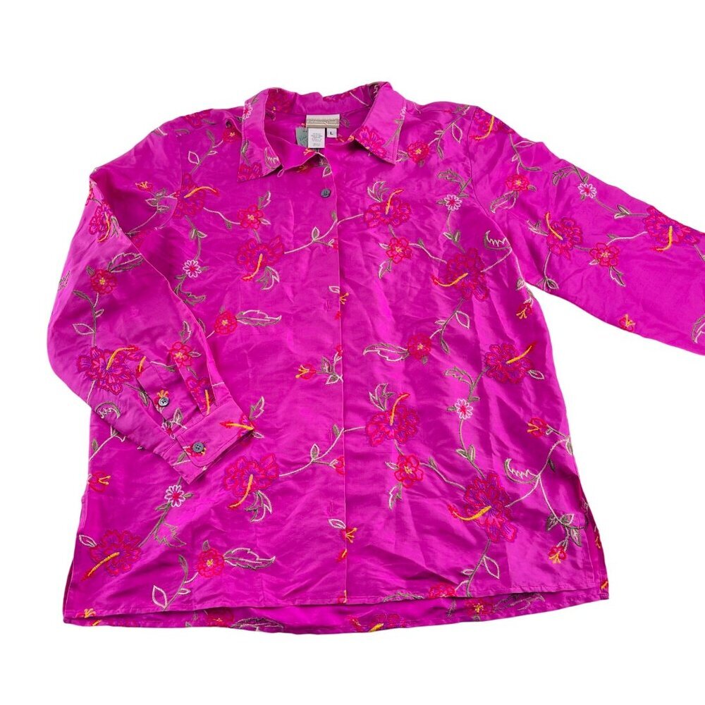 Coldwater Creek Pink Floral Embroidered Silk‎ Blouse Long Sleeve Large